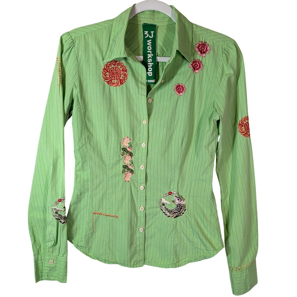 Johnny Was 3J Workshop XS Green Embroidered Peacock Koi Boho Floral Cotton Shirt